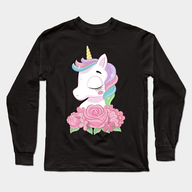 cute magical unicorn with flowers tshirt Long Sleeve T-Shirt by Tshirt lover 1